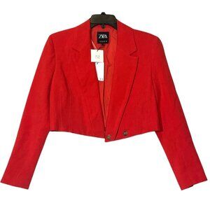New ZARA Red Linen Viscose Cropped Blazer Jacket